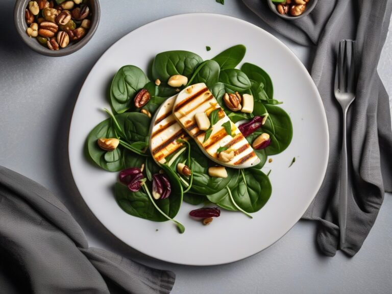 Halloumi-pinaattisalaatti ja pähkinät